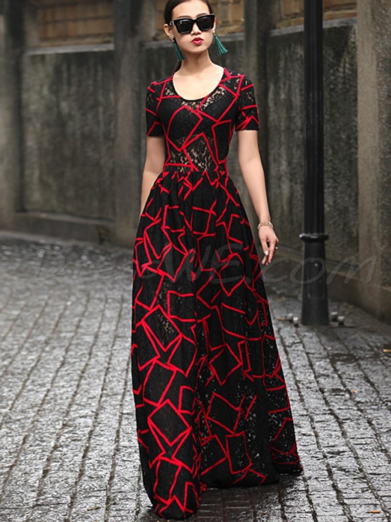 Chic Short Sleeve Print Floor-Length Maxi Dress