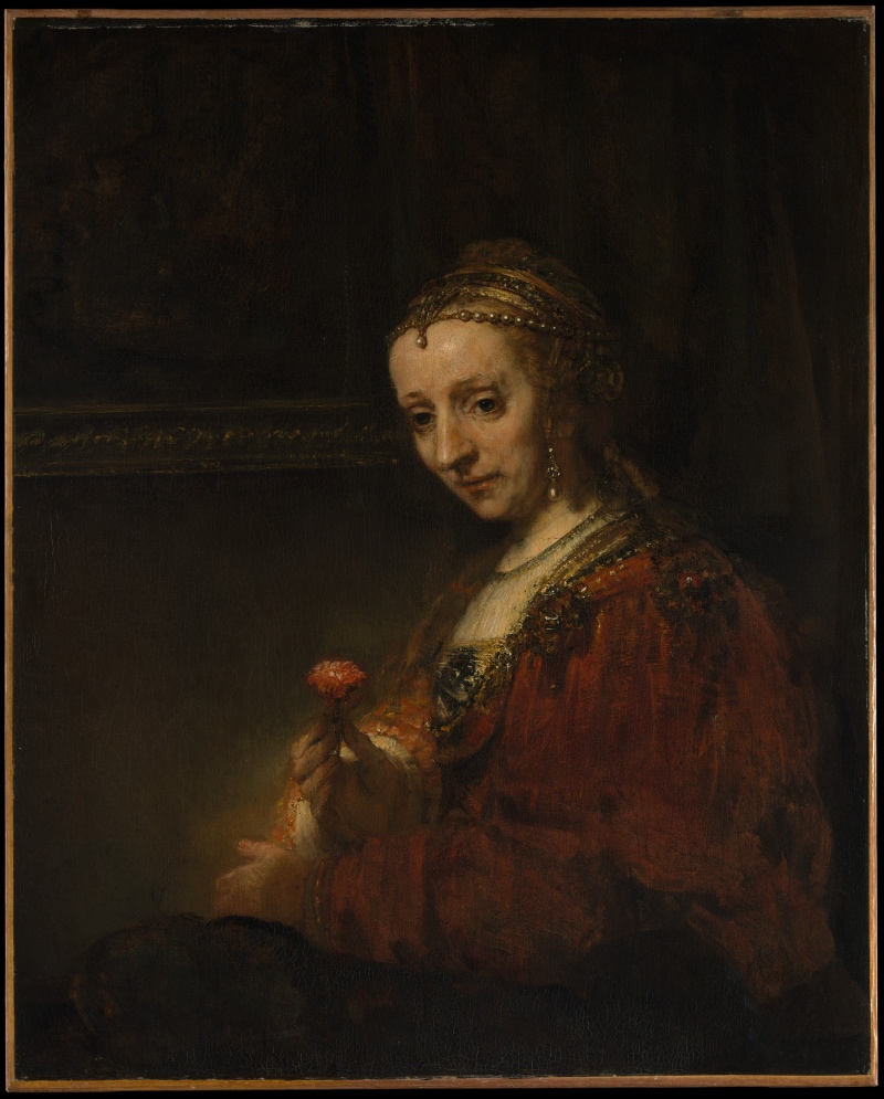 Rembrandt (Rembrandt van Rijn) (Dutch, Leiden 1606–1669 Amsterdam). Woman with a Pink, early 1660s. Oil on canvas. 36 1/4 x 29 3/8 in. (92.1 x 74.6 cm). The Metropolitan Museum of Art, New York, Bequest of Benjamin Altman, 1913 (14.40.622)