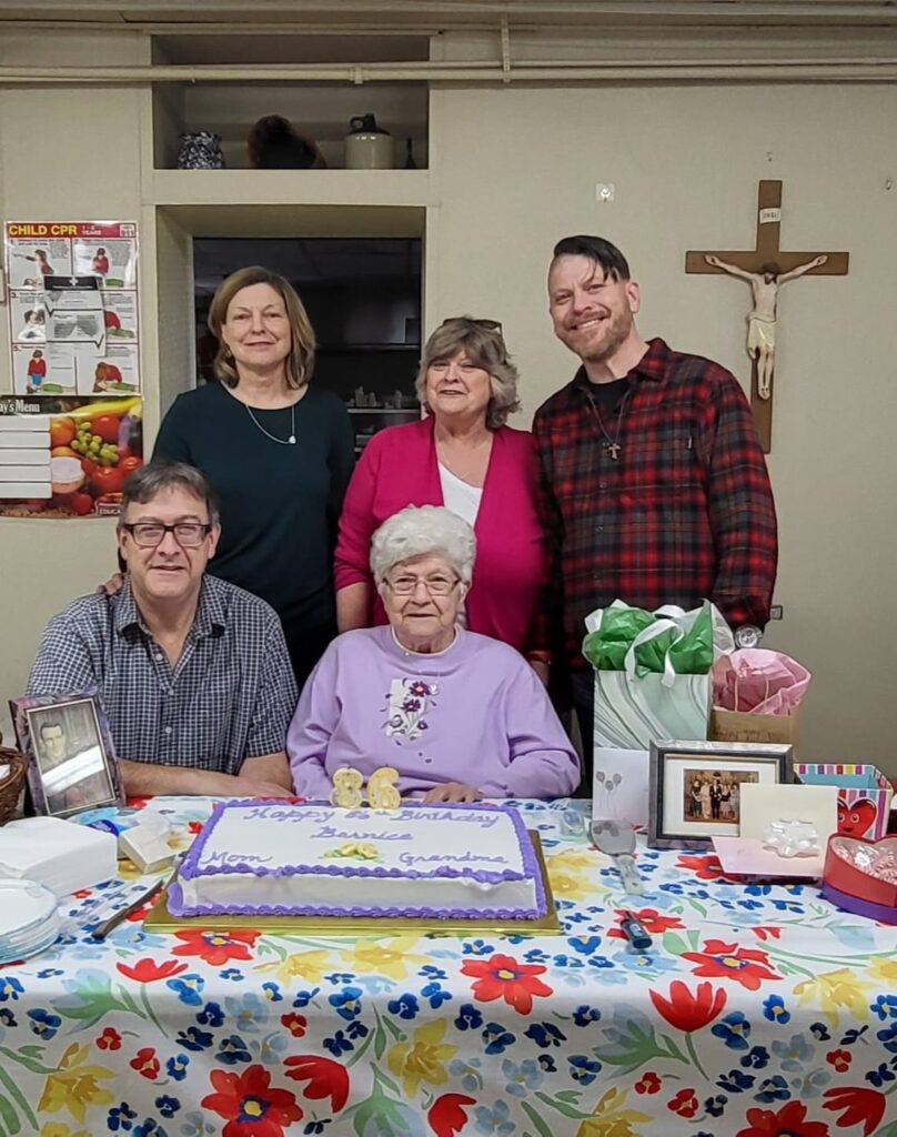 J far right with sisters and brother celebrating Mommy Bernice's 86th birthday in Westphalia, MO.